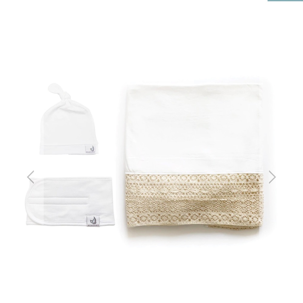 Memeeno luxe heirloom swaddle blanket, baby belly band, top knot hat set